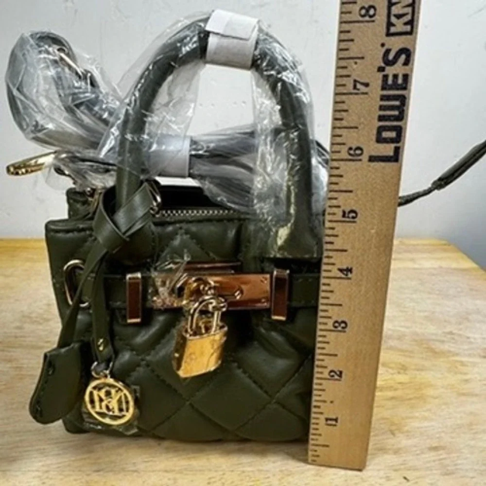 Badgley Mischka Mini Satchel Tote Olive Green Quilted Crossbody Handbag Lock NWT
